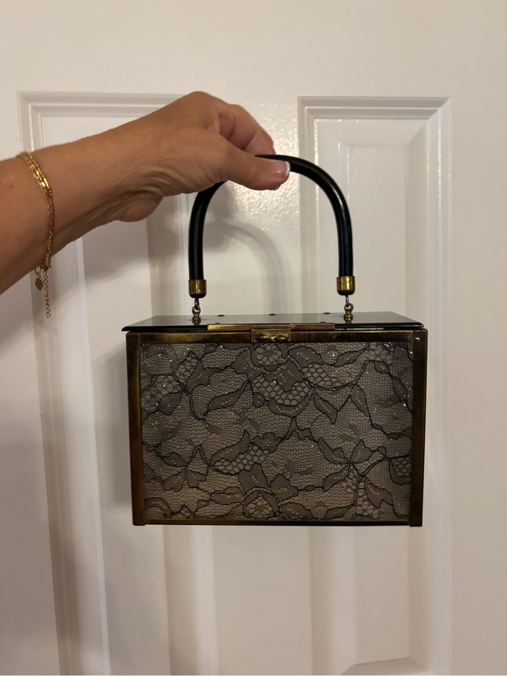 1950s Majestic Black Lace Box Lucite and Bakelite Handbag with Gold Accents